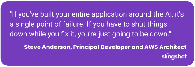 "If you've built your entire application around the AI, it's a single point of failure. If you have to shut things down while you fix it, you're just going to be down."